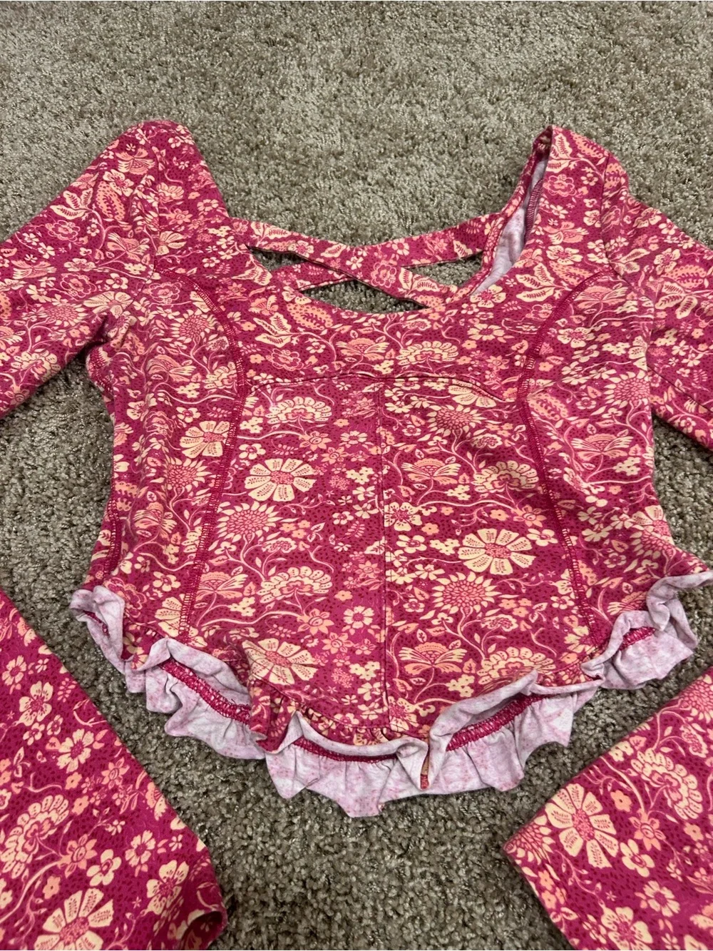 Free People Pink Floral Ruffled Long-Sleeve Crop Top